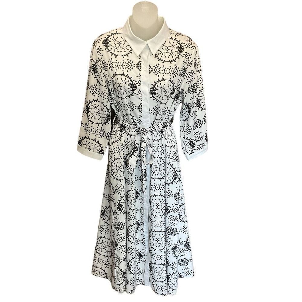 Shirt Dress Mid Calf Length Black White Print Collared Belted  Size Medium